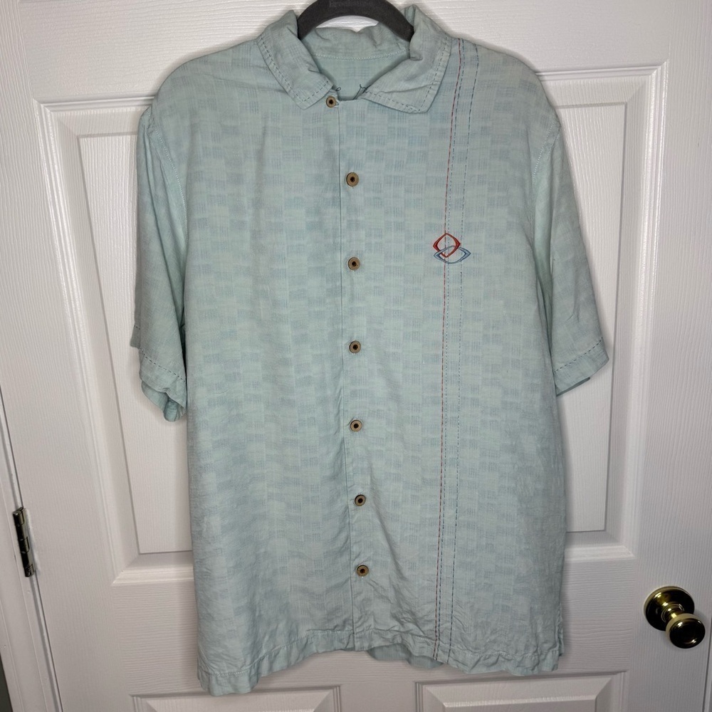 Tommy Bahama Blue Silk Club Shirt Retro Style Hawaiian Martini Tropical GUC